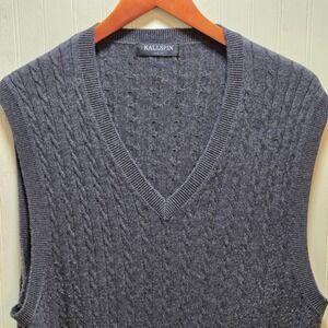 Kallspin Sweater Vest Mens Large Gray Wool Blend Cable Knit V Neck Pullover